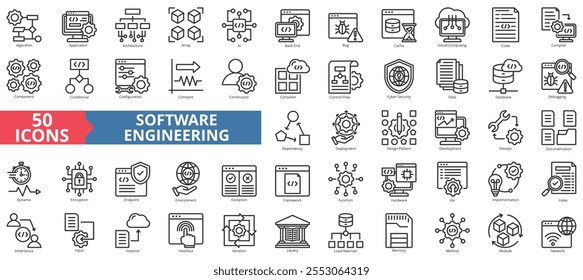 Software Engineering-Icon-Sammlung. Enthält Algorithmus, Anwendung, Architektur, Array, ai, Back-End, Bug, Cache, Code, Compiler, Komponente, Bedingt, Konfiguration, IDE, Programmierung, Code