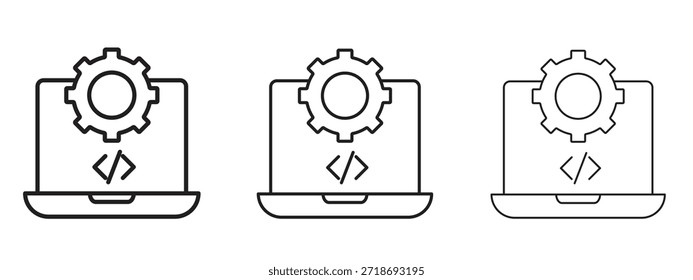 Conjunto de pictogramas negros de logotipo de ingeniería de software. arte de contorno de línea delgada.