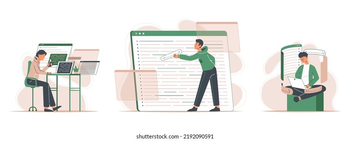 Software engineers, IT developers and programmers characters. People script coding and testing, python programming developers flat vector illustration set. Outline software engineers