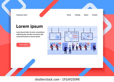 Software engineers working with big computer screens isolated flat vector illustration. Cartoon technical specialists analyzing data. Cybersecurity department and control center concept