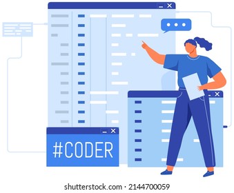 Software engineers working with computer program creation. Web design and development, programming and coding website or app. Programmer, developer, HTML, PHP, JS, CSS, Java Script, languages