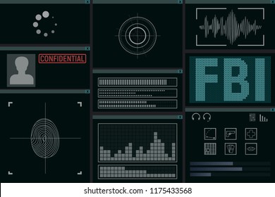 Software for the FBI. Monitor vector illustration. Detective intelligence.