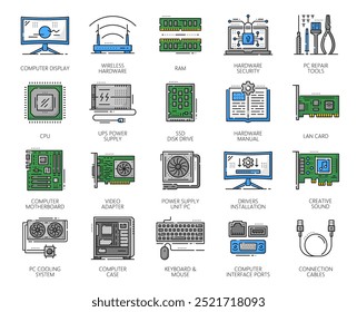 Software y hardware de la computadora, línea de color iconos vectoriales de componentes de PC y computadora portátil. Pantalla de ordenador y unidad de fuente de alimentación, procesador de CPU y disco de disco duro, almacenamiento de memoria SSD y placa base