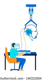 Software and Hardware Engineer Programming and Coding Robotic Brain on Computer. Robotic Arms Holding Humanoid Head. AI, Electronic. Innovation Research. Future Technology. Vector Banner Illustration