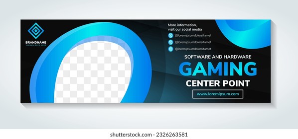 software and hardware gaming banner design web template. Horizontal header web banner. Gradient blue color. cover header background for website design, Social Media Cover ads banners, flyer with photo
