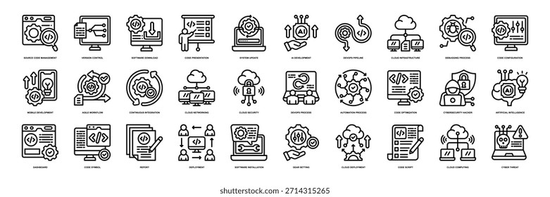 Linienstil der Softwaresymbolsammlung. mit Quellcodeverwaltung, Versionskontrolle, Software-Download, Code-Präsentation, Systemaktualisierung, KI-Entwicklung, DevOps