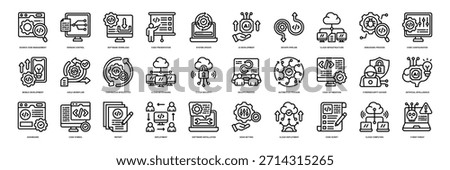 Software icon collection line style. containing Source Code Management, Version Control, Software Download, Code Presentation, System Update, AI Development, DevOps