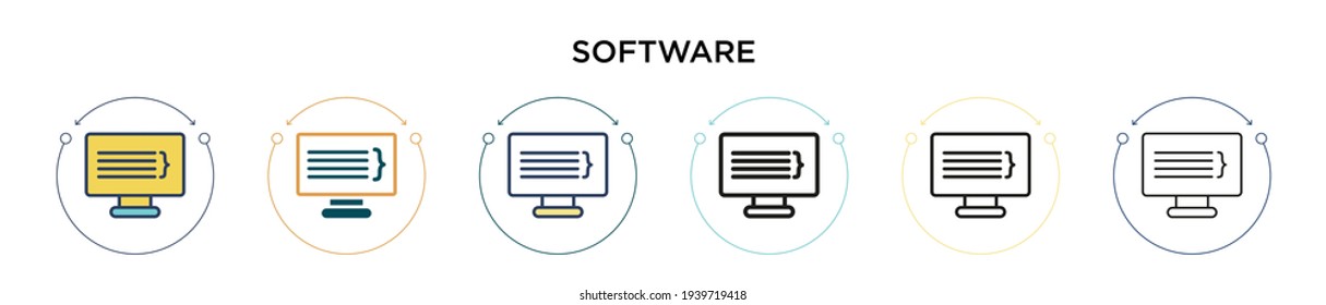 Software icon in filled, thin line, outline and stroke style. Vector illustration of two colored and black software vector icons designs can be used for mobile, ui, web