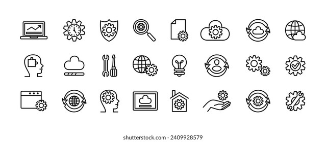 Software icon. Line stroke symbols. Test data. Operate maintenance. Fix process gear design. Repair tool. Monitor product build. Code pictogram administrator. Browser deploy. Vector tidy signs set