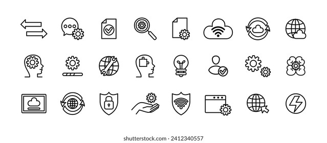 Software icon. Line symbols. Technician maintenance. Operate code. Browser deploy. DevOps test. Monitor process model. Digital product release. PC repair tool. Agile build plan. Vector tidy signs set