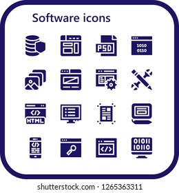  software icon set. 16 filled software icons. Simple modern icons about  - Database, Browser, Psd, Binary code, Code, Configuration, Html, Program, Layout, Signature, Coding