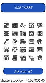 Software-Icon-Set. 25 gefüllte Softwaresymbole.  Einfache, moderne Symbole wie: Kompakte Festplatte, Browser, Signatur, Layout, Datenbank, Webdesign, Fehler, DVD, Signierung, Strategie, Ebenen