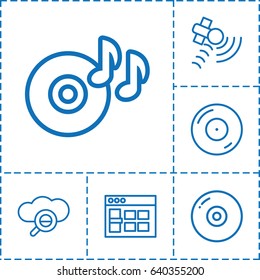 Software icon. set of 6 software outline icons such as disc on fire, satellite, browser window, search cloud