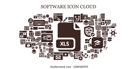  software icon set. 93 filled software icons. Simple modern icons about  - Xls, Signing, Firewall, Web design, Configuration, Strategy, Browser window, Code, Spam, Browser, Layers