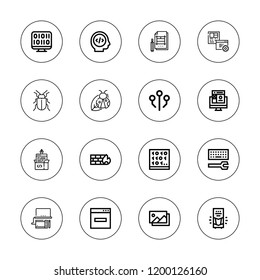 Software icon set. collection of 16 outline software icons with bug, coding, binary code, browser, configuration, design, development, firewall, layout icons.
