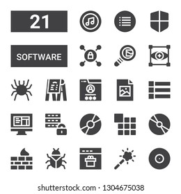 software icon set. Collection of 21 filled software icons included Cd, Magic tool, Browser, Bug, Firewall, Menu, Disc, Database, Html, Jpeg, Focus, Search mail, Vpn, Itunes
