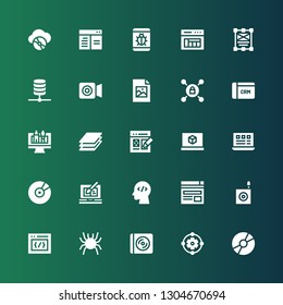 software icon set. Collection of 25 filled software icons included Disc, Design, Cd, Bug, Css, Browser, Coding, Web design, Layout, d printing software, Layers, CRM, Vpn, Jpeg