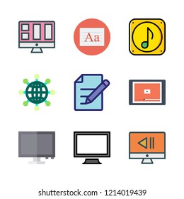 software icon set. vector set about monitor, music file, internet and video player icons set.