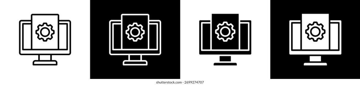 Variações de ícone de software no estilo de linha e glifo no plano de fundo preto-e-branco