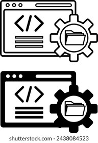 Software Icons. Black and White Vector Icons. Computer File Folder, Gear, and Website with Code. Programming and Coding Concept