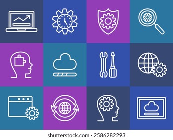 Software icons. Computer technology. Web security shield. Global network connection. Internet cloud. Digital datacenter. Cyber microchip. Laptop repair. Squares collage. Vector line pictograms set