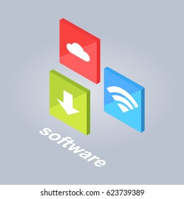 Software icons with download sign, cloud storage symbol and wi-fi connection emblem. Vector illustration of red image with white cloud, green square with arrow mark and blue sign with wi-fi network.