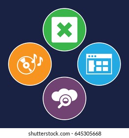 Software icons set. set of 4 software filled icons such as disc on fire, browser window, cancel