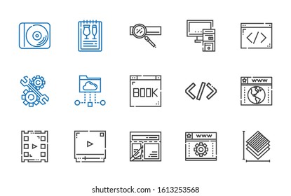 software icons set. Collection of software with layers, web development, layout, video player, browser, coding, cloud folder, development. Editable and scalable software icons.