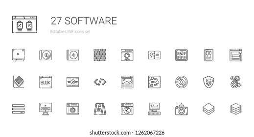 software icons set. Collection of software with photography, html, browser, menu, web development, video player, compact disc, coding, layers. Editable and scalable software icons.