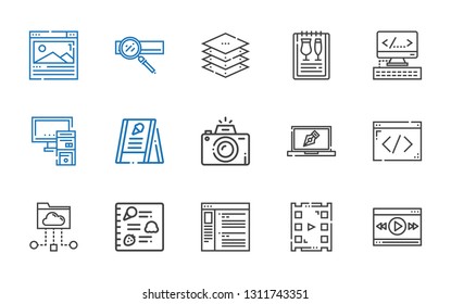 software icons set. Collection of software with video player, browser, menu, cloud folder, coding, design, photography, pc, html, layers. Editable and scalable software icons.