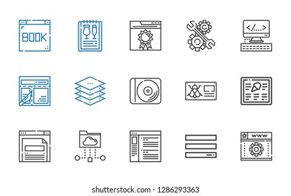 software icons set. Collection of software with web development, menu, browser, cloud folder, bug, disc, layers, layout, html, development. Editable and scalable software icons.