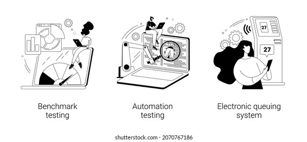 Conjunto de ilustraciones vectoriales de concepto abstracto de implementación de software. Prueba de análisis y automatización, sistema de cola electrónica, rendimiento del producto, generador de entradas, metáfora abstracta de soluciones de TI.