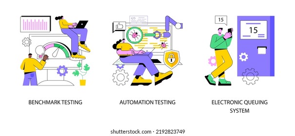 Software implementation abstract concept vector illustration set. Benchmark and automation testing, electronic queuing system, product performance, ticket generator, IT solution abstract metaphor.