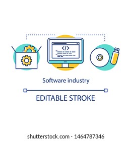 Software industry concept icon. PC program developing. Information technology. Case with settings, monitor, memory devices idea thin line illustration. Vector isolated outline drawing. Editable stroke