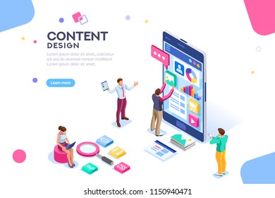 Software infographics, code place, idea for designer content. UI design concept with character and text. Programming seo phone vector illustration. Flat isometric concept with characters. Landing page