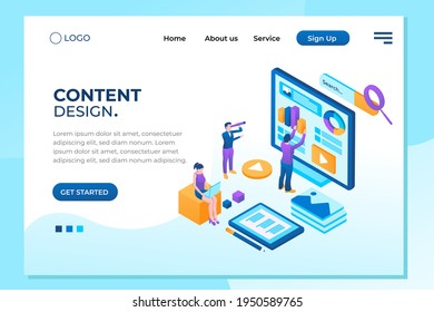 Software infographics, code place, idea for designer content. UI design concept with character and text. Programming seo phone vector illustration. Flat isometric concept with characters. Landing page