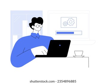 Software installation abstract concept vector illustration. Man with laptop installing professional software in the office, downloading process on computer screen, IT technology abstract metaphor.