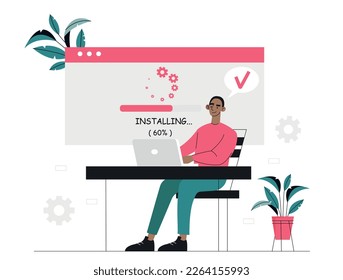 Software installation concept. Man behind laptop downloads programs and applications, updates operation system. Programmer and IT specialist, technical support. Cartoon flat vector illustration