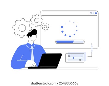 Instalación de software Ilustraciones vectoriales de dibujos animados aislados. Hombre con el ordenador portátil que instala el software profesional en la oficina, proceso de descarga en la pantalla del ordenador, historieta del Vector de la tecnología de TI.