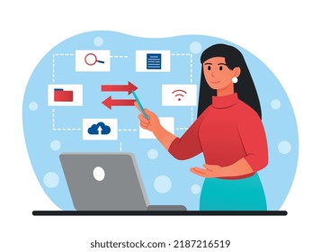 Software integration concept. Young girl sends files. modern technologies and digital world. Electronic storage or archive, working with information and statistics. Cartoon flat vector illustration