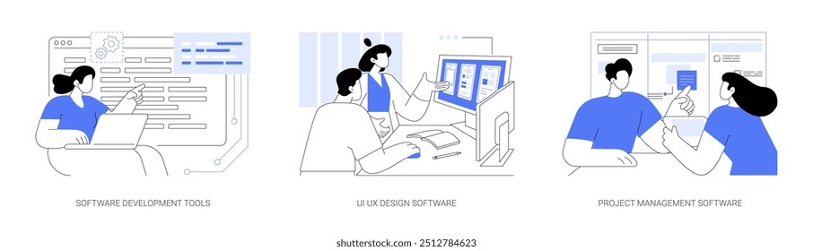 Software de TI isolado cartoon vetor ilustrações conjunto. Ferramentas de desenvolvimento de software, programação e codificação, criação de design de UI UX, gerente de projeto profissional trabalhando em desenhos animados vetoriais de linha do tempo.