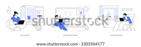 Software license abstract concept vector illustration set. Buy professional licensed software, legal use, purchase application, upgrade to the latest version, license expired abstract metaphor.