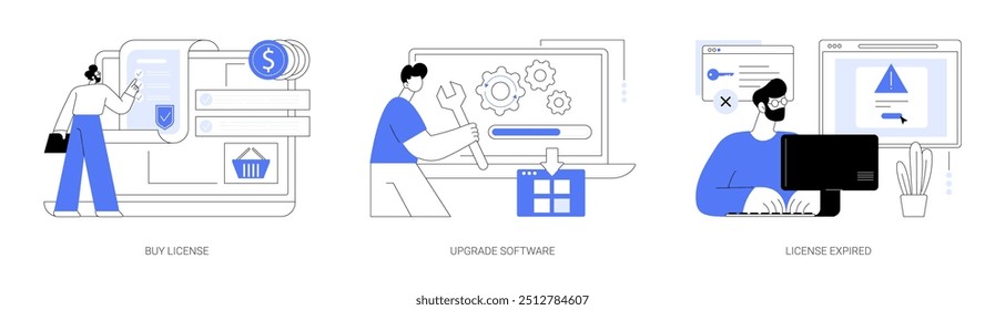 Ilustrações isoladas de vetor de desenhos animados com licença de software definidas. Comprar software licenciado profissional, uso legal, aplicativo de compra, atualização para a versão mais recente, licença vetor cartoon expirado.