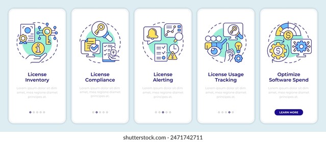 Software license key features onboarding mobile app screen. Walkthrough 5 steps editable graphic instructions with linear concepts. UI, UX, GUI template