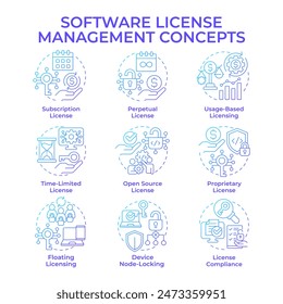 Software license management blue gradient concept icons. Device tracking, access control. Icon pack. Vector images. Round shape illustrations for infographic, presentation. Abstract idea