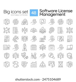 Conjunto de iconos lineales de gestión de Licencia de software. Cumplimiento normativo, supervisión del uso. servicio de obtención de licencias. Símbolos de línea fina personalizables. Ilustraciones de contorno de Vector aisladas. Trazo editable