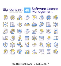 Software license management RGB color icons set. User access control. Pricing plan. Terms and conditions. Isolated vector illustrations. Simple filled line drawings collection. Editable stroke