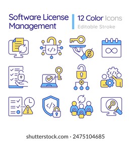 Software license management RGB color icons set. Subscription benefits, access control. Distribution monitoring. Isolated vector illustrations. Simple filled line drawings collection. Editable stroke