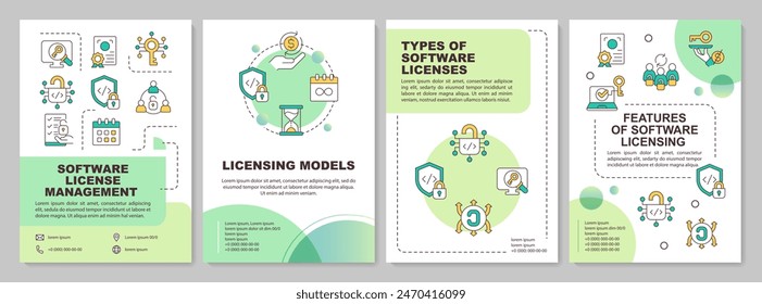 Software licenses models green circle brochure template. Leaflet design with linear icons. Editable 4 vector layouts for presentation, annual reports