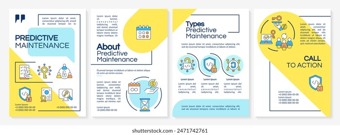 Licencias de software tipos azul y amarillo folleto Plantilla. Diseño de folleto con iconos lineales. Editable 4 diseños de Vector para presentación, informes anuales